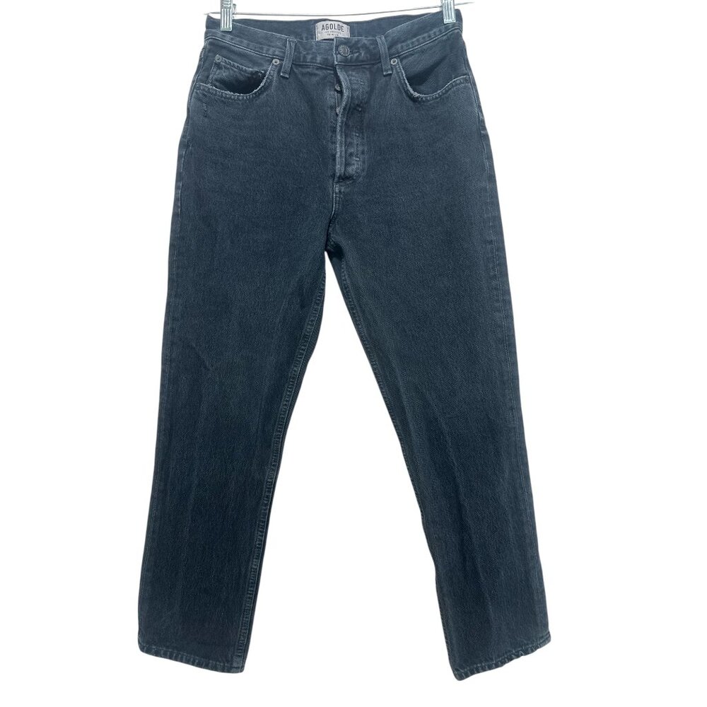 Agolde High Rise Straigt Leg Jeans Womens 28 Black Dark  Wash Button Fly Ankle - Picture 2 of 16